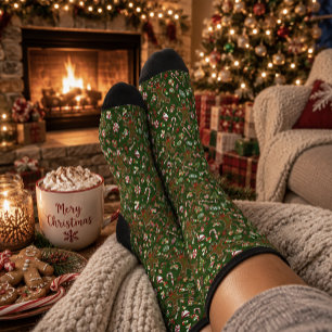 Calcetines Dulce Patrón Navideño Verde Juguetón de Pan de Jen