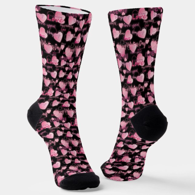 Calcetines El día de San Valentín de corazones negros rosados (Angular)