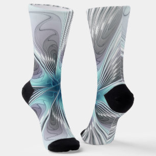 Calcetines Elegancia Flor de Arte Fractal Blanco Gris Azul