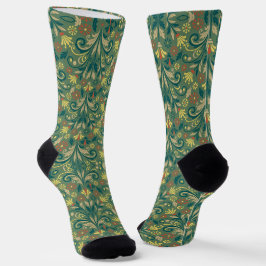 Calcetines Elegant Floral Pattern in Yellow and Red on Green