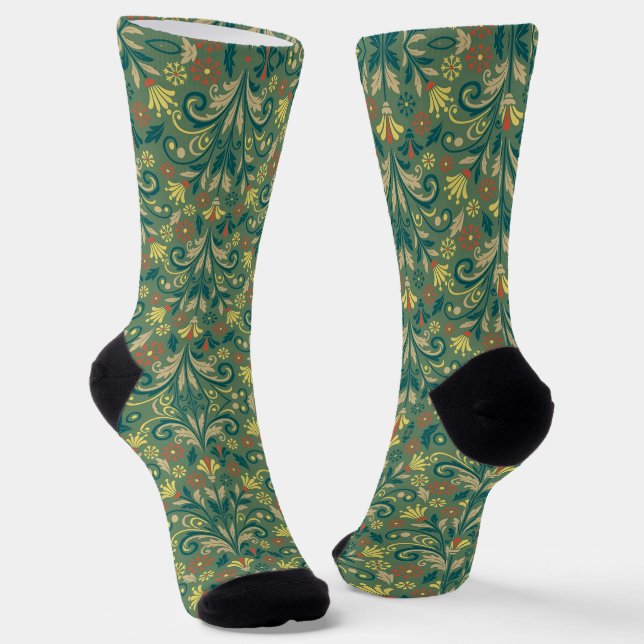 Calcetines Elegant Floral Pattern in Yellow and Red on Green (Angular)