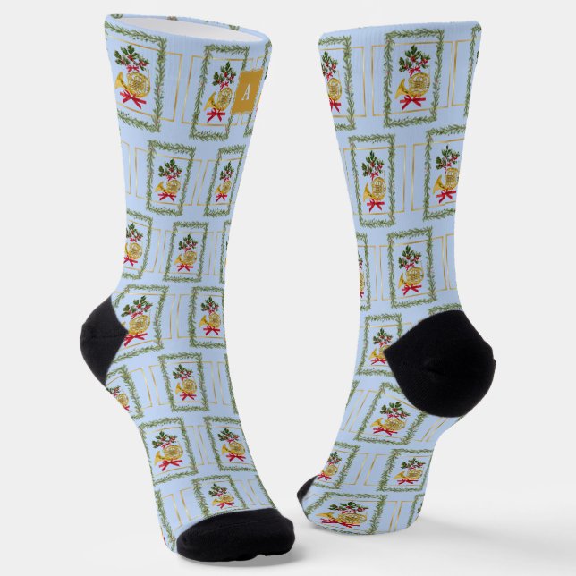 Calcetines Elegant French Horn Christmas Light Blue2 Monogram (Angular)