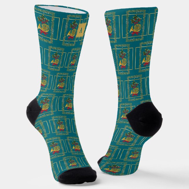 Calcetines Elegant French Horn Christmas Teal Monogram (Angular)