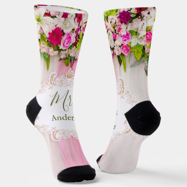 Calcetines Elegante Boda floral rosa brillante Sra. (Angular)