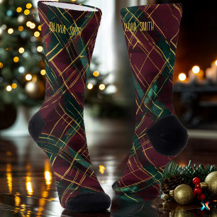 Calcetines Elegante Cuadro de Navidad Burgundy y Verde Person