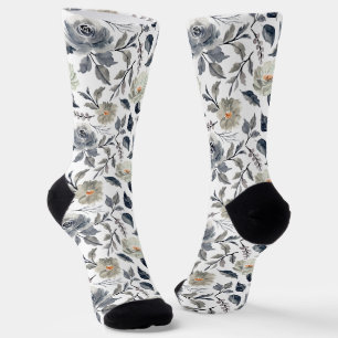 Calcetines Elegante Floral Botánico Acuarela Azul Gris Vintag