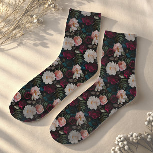 Calcetines Elegante Floral Turquesa Oscuro Rojo