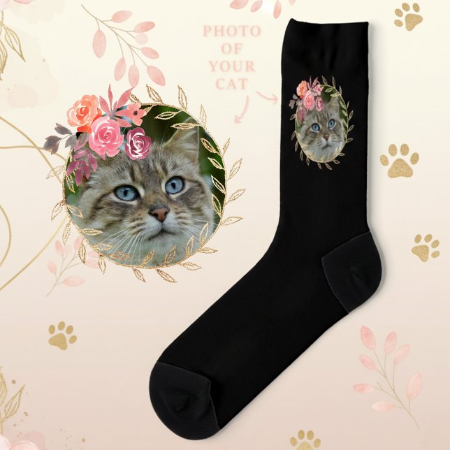 Calcetines Elegante Foto de Mascota Personalizada Negra (Custom pet photo socks for cat lovers.)