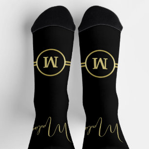 Calcetines Elegante Monograma de Firma en Oro sobre Negro