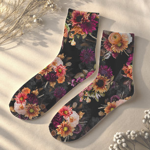 Calcetines Elegante Monograma Floral Naranja Fucsia