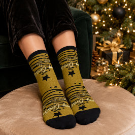 Calcetines Elegante Navidad Feliz Año Nuevo en Dorado y Negro