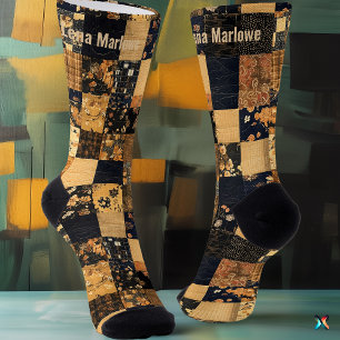 Calcetines Elegante Navy y Oro Patchwork – Floral Personaliza