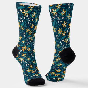 Calcetines Elegante patrón de flores amarillas en hojas verde
