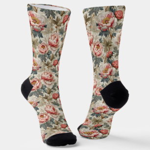Calcetines Elegante patrón floral. Peonías rosa pálido 