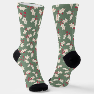 Calcetines Elegante Patrón Holly Rojo Verde,Marfil
