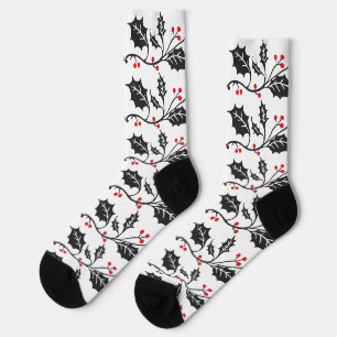 Calcetines Elegante patrón moderno de acebo rojo y negro