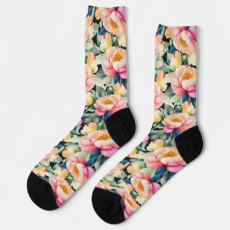 Calcetines Elegante Peony acuarela sobre negro