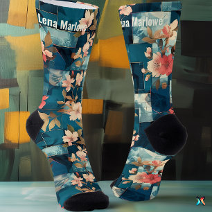 Calcetines Elegante personalizado Verde azulado y Coral Flora