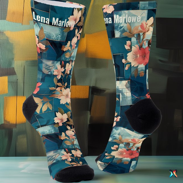 Calcetines Elegante personalizado Verde azulado y Coral Flora (Subido por el creador)