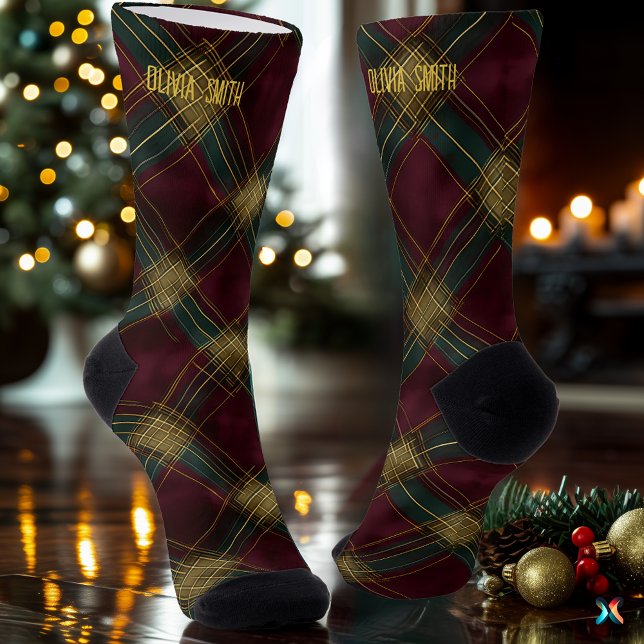 Calcetines Elegantes Navidades de Borgoña y Oro Personalizado (Subido por el creador)