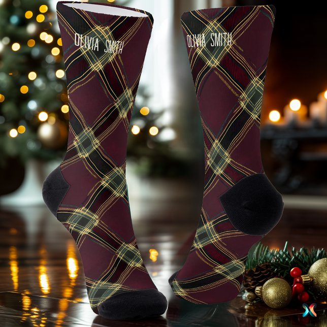 Calcetines Elegantes Navidades de Borgoña y Oro Personalizado (Subido por el creador)