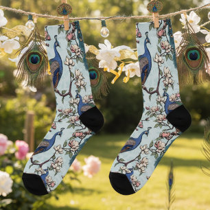 Calcetines Elegantes pavos reales Verde azulados y flores de