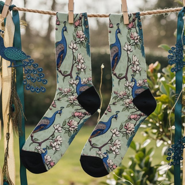Calcetines Elegantes pavos reales verdes de sabio y flores de (Elegant Sage Floral Blue Peacock Socks for Her. Teal Feathers & Flowers Vintage Chinoiserie Pattern)