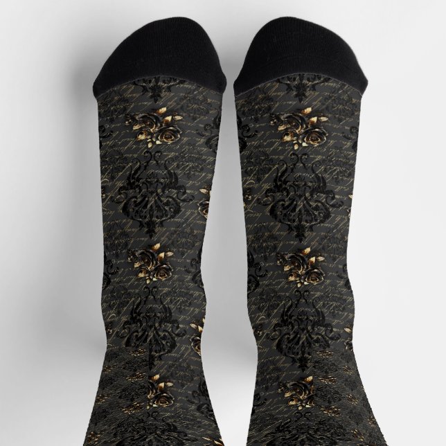 Calcetines Elegantes rosas de oro negro damasco gótico (Arriba)
