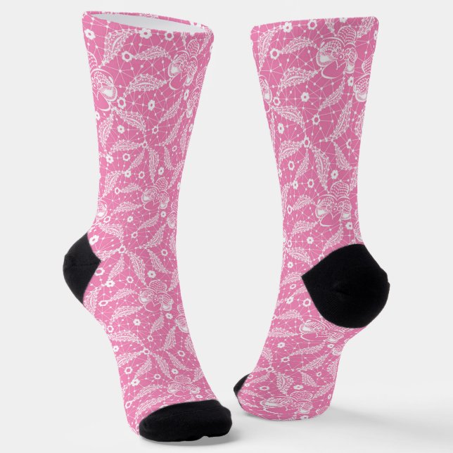 Calcetines Encaje floral blanco sobre fondo rosa (Angular)
