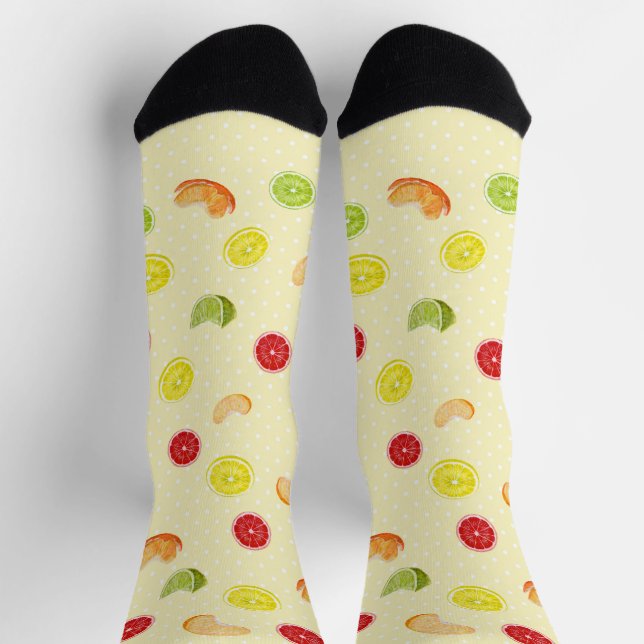 Calcetines Ensalada de frutas con puntos de polka amarillos y (Arriba)