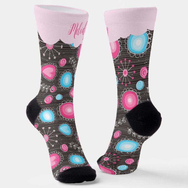 Calcetines Espectaculares corazones azules rosados y flores n (Angular)