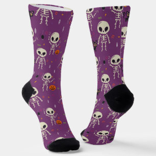 Calcetines Esqueletos Bonitos Patrón de Halloween Púrpura