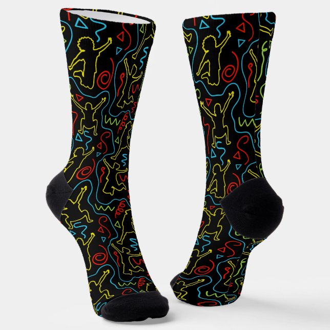 Calcetines Esquema de diversión infantil patrón negro neón (Angular)
