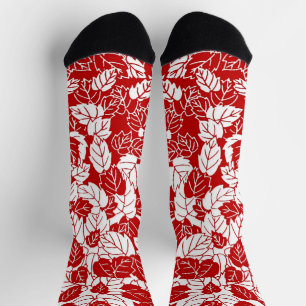 Calcetines Estampa de hoja japonesa, rojo oscuro y blanco