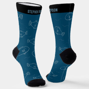 Calcetines Estampa de pez blanco personalizada con nombre azu