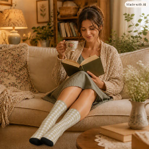 Calcetines Estampado de cuadros gingham verde salvia y blanco