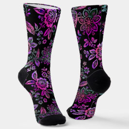 Calcetines Estilizado esténcil Floral rosa sobre fondo negro