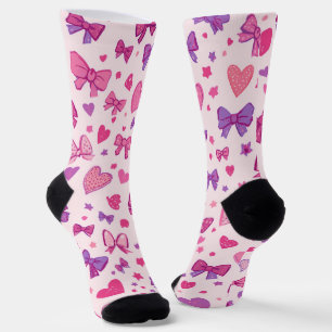 Calcetines Estilo Coquette Rosa Morado Lazo y Corazón Patrón
