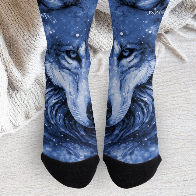 Calcetines Estrellas celestes cósmicas de lobo azul personali (Blue Wolf Cosmic Celestial Sky Stars Personalized Socks)