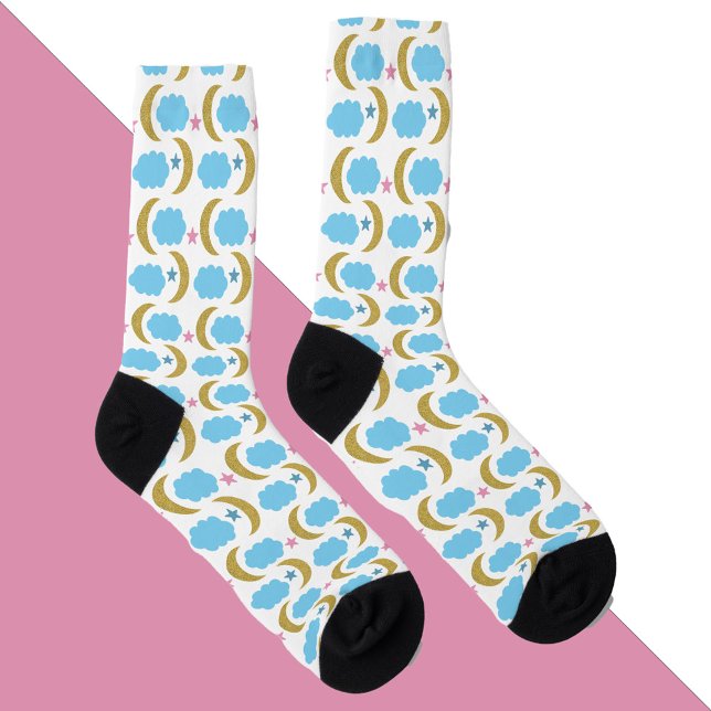 Calcetines Estrellas de la luna Nubes Faux Gold Purpurina Blu (A pair of socks with crescent moons, stars and clouds!)