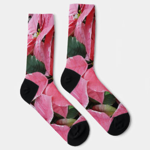 Calcetines Estrellas de plata Mármol Poinsettias Rosadas Flor