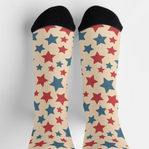 Calcetines Estrellas Rojas y Azules, 4 de Julio, Fondo Beige