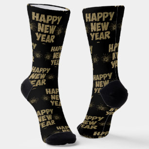 Calcetines Feliz Año Nuevo Brillo Dorado sobre Negro