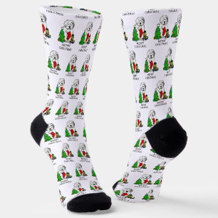 Calcetines Feliz Árbol de Navidad 2 viejo perro de oveja ingl