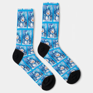 Calcetines Feliz hombre de nieve de azul