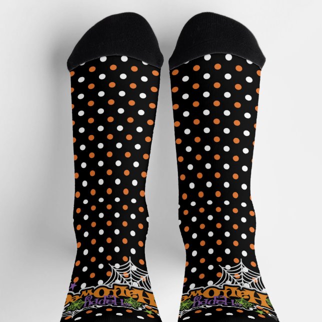 Calcetines Feliz Naranja de Halloween Black Cute Polka Dots (Arriba)