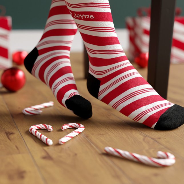 Calcetines Festividad de caña de caramelo rayado de Navidades (Fun and festive candy cane socks sweet enough to eat. Add your name (don't eat the socks please))