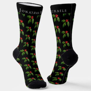 Calcetines Festividad personalizada Holly Berry Black Holiday