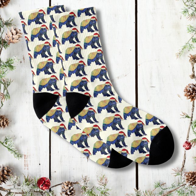 Calcetines Festividad Psicodélica Navidades de Honey Badger (Christmas honey badger wearing a Santa hat pattern socks badass animal art )