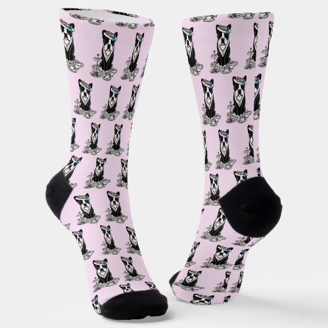 Calcetines Fiesta de té Boston Terrier (negro) Perro lindo (Angular)